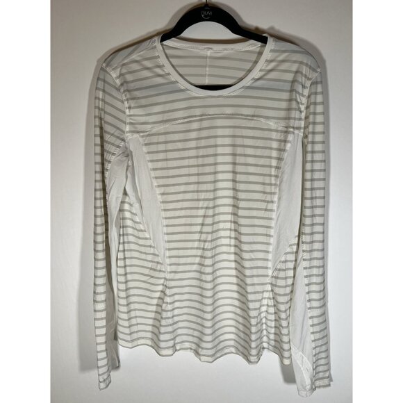 Lululemon white performance running long slv silky striped top sz 12 thumb loops - Picture 1 of 7